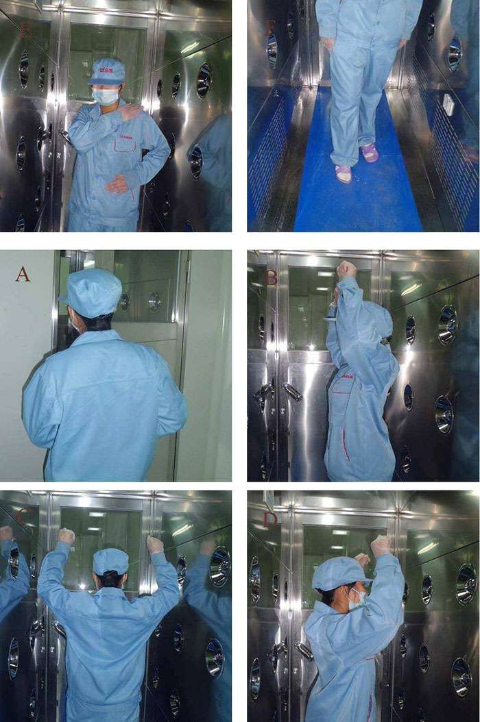 進(jìn)入風(fēng)淋室前無塵服應(yīng)穿著得當(dāng)，袖口和領(lǐng)口需拉緊，避免衣物內(nèi)外的塵埃進(jìn)入。